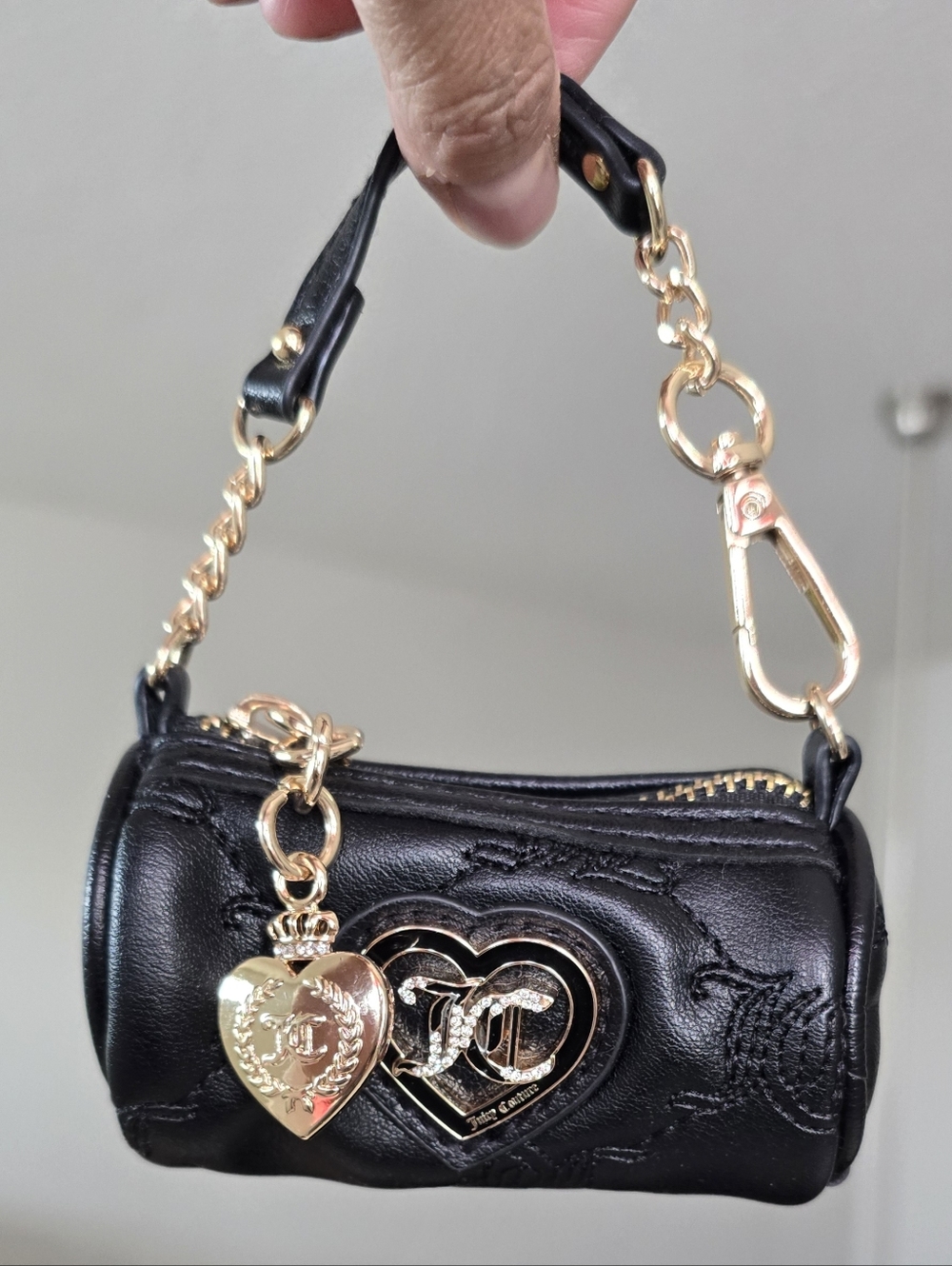 Juicy Couture Mini Barrel Bag Black with Gold Heart Key Chain Charm